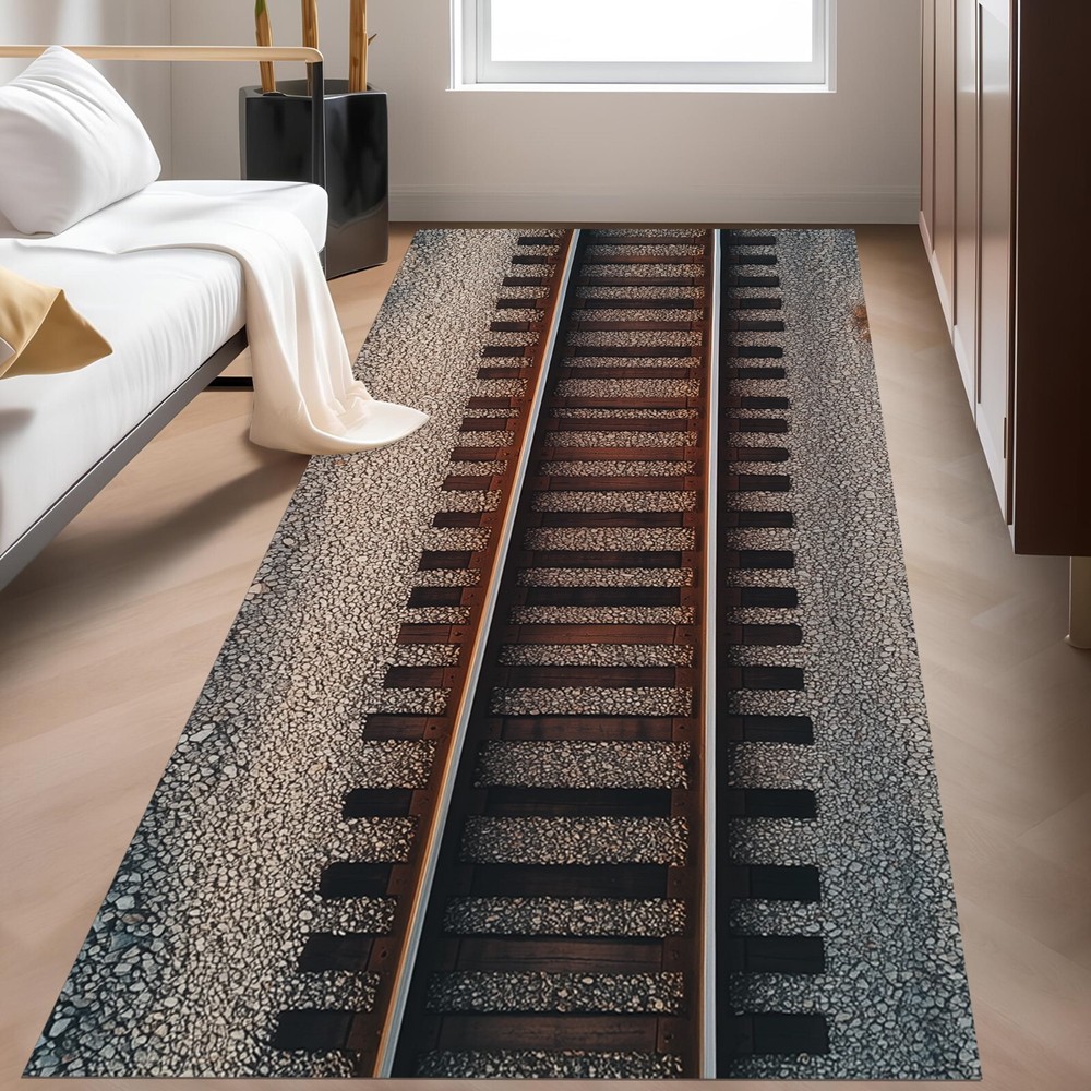 Runner Railroad Tracks Rug,Kids Room Train Tracks Rug,Play Room Train Track Rug