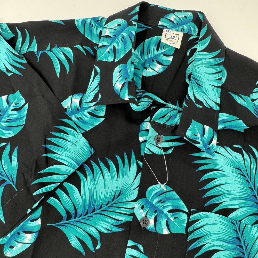 DL Fashion Shirt Men's  Black Blue Tropical Hawaiian Button Up Palm Print Camp