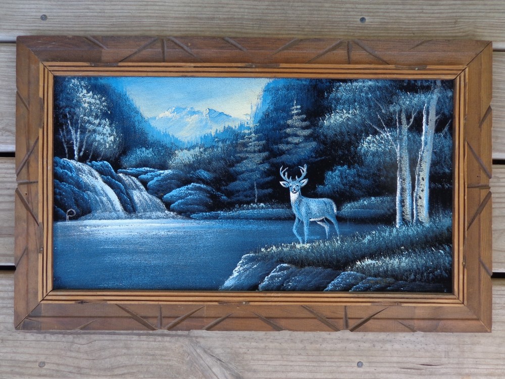Velvet Painting Blue Buck Deer Landscape Scene Framed 22 x 13 Retro MCM Gallery