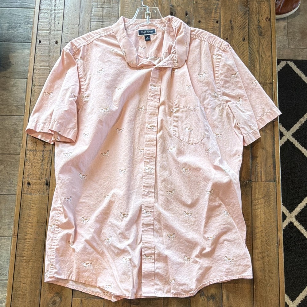 Club Room Men's Pink Animal Print Woven SS Button-Up Point Collar Pockets XL