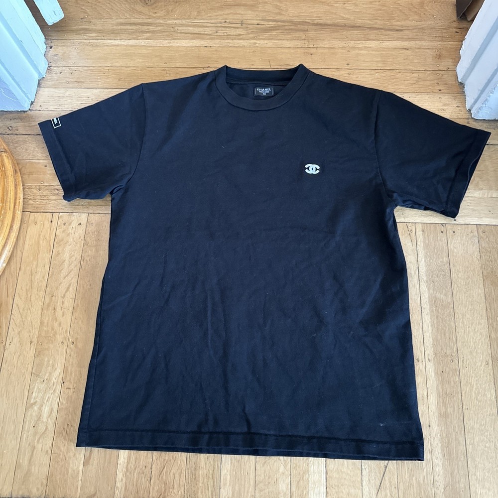 Rare Chanel Uniform Black T-shirt with White Stitched CC, size 50