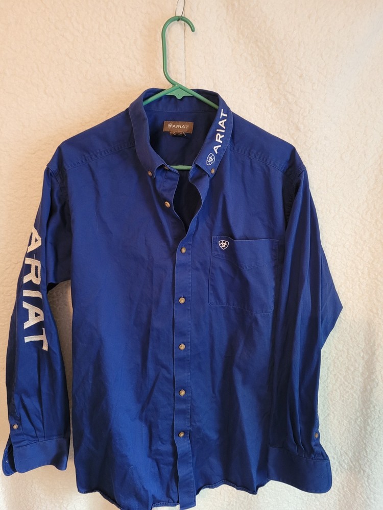 Ariat Men's L Team Logo Twill LS Shirt Blue Button Down Western Cowboy Rodeo