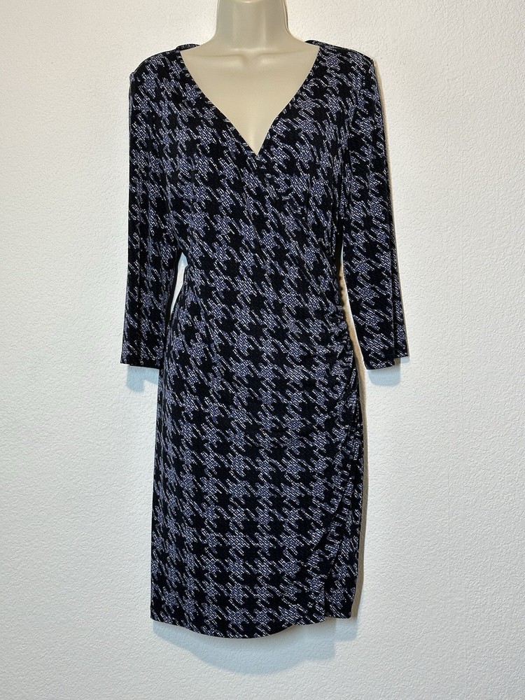 Faux Wrap Dress Sz 14 Blue & Black Houndstooth 3/4 Sleeve Ruched Zip Side Guess