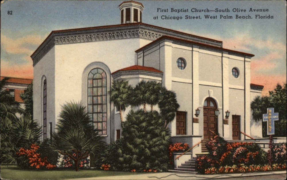 West Palm Beach Florida First Baptist Church Olive Ave ~ 1954 linen postcard