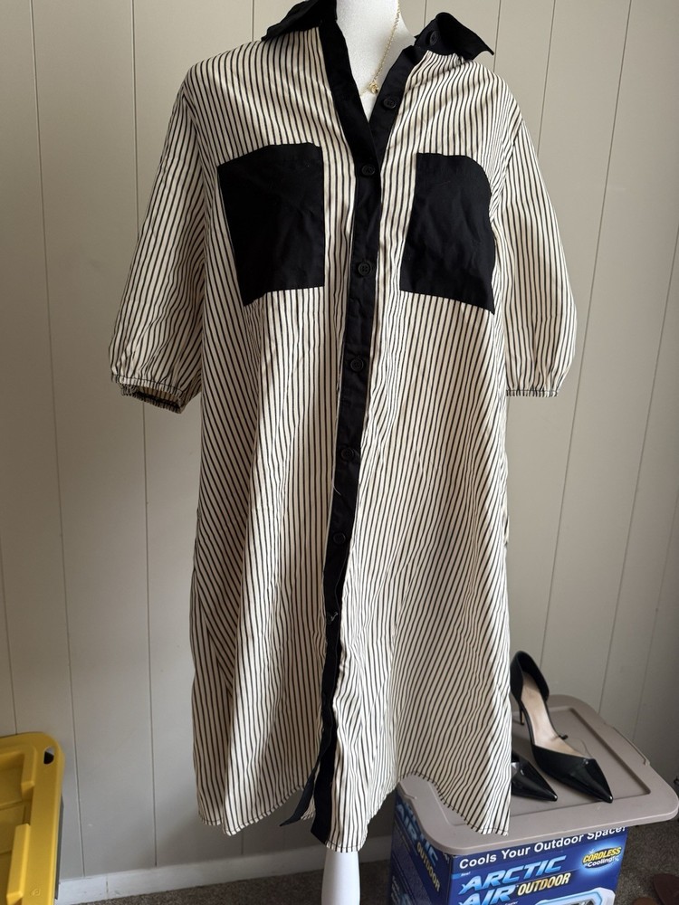 Women’s Black/White Striped Collared Button-Front Shirt Dress L 3/4 Sleeve