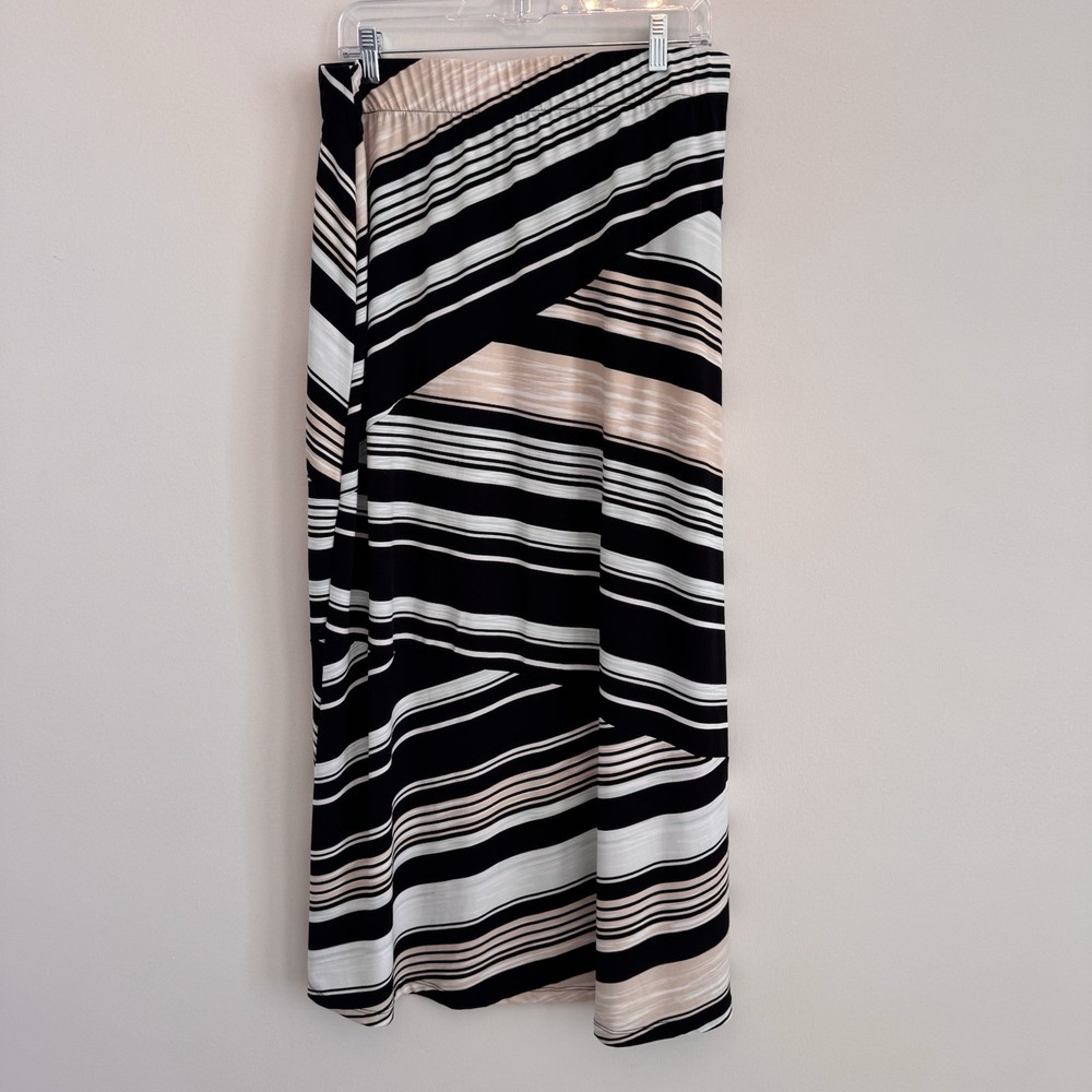 Chico’s Womens Striped Asymmetrical Long Skirt Size 2 Black Pink White