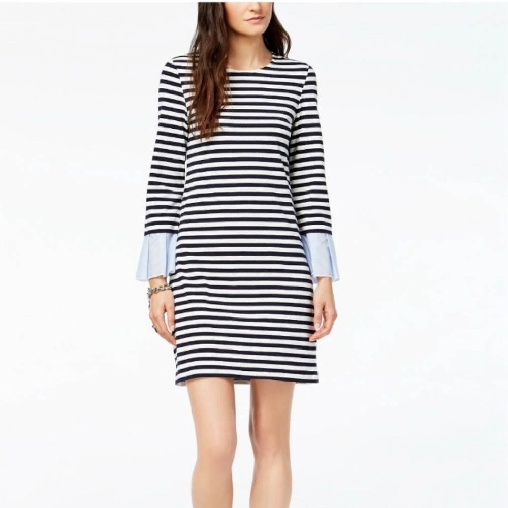 Tommy Hilfiger Cotton Jersey Striped Stretch Dress Navy Lace Cuffs Size Small