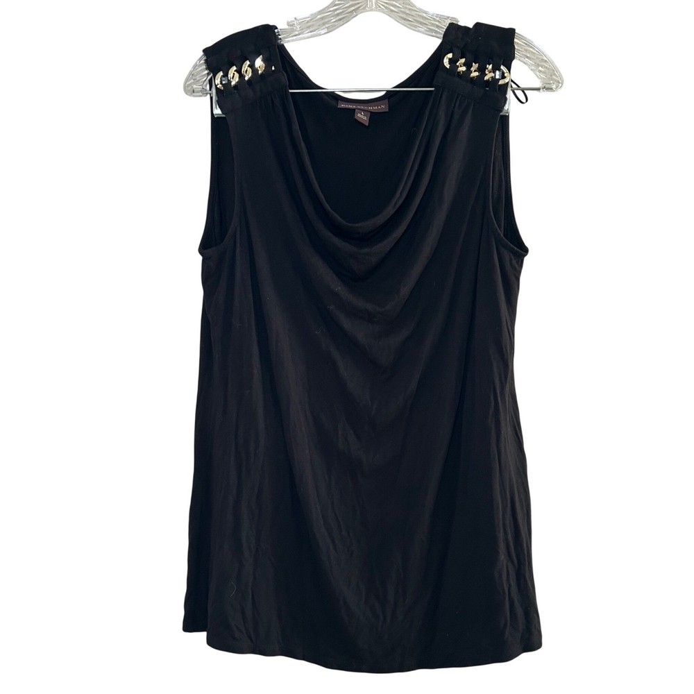 Dana Buchman Black Cowl Neck Sleeveless Top Gold Chain Shoulder Detail Large