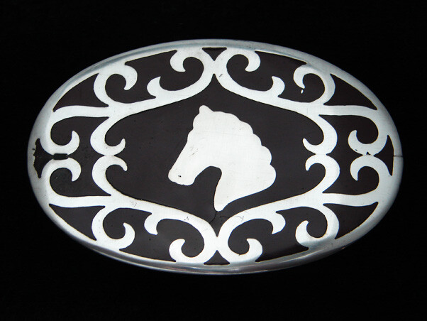 QI11133 VINTAGE 1970s **HORSE** NICKEL SILVER WESTERN & COWBOY BELT BUCKLE