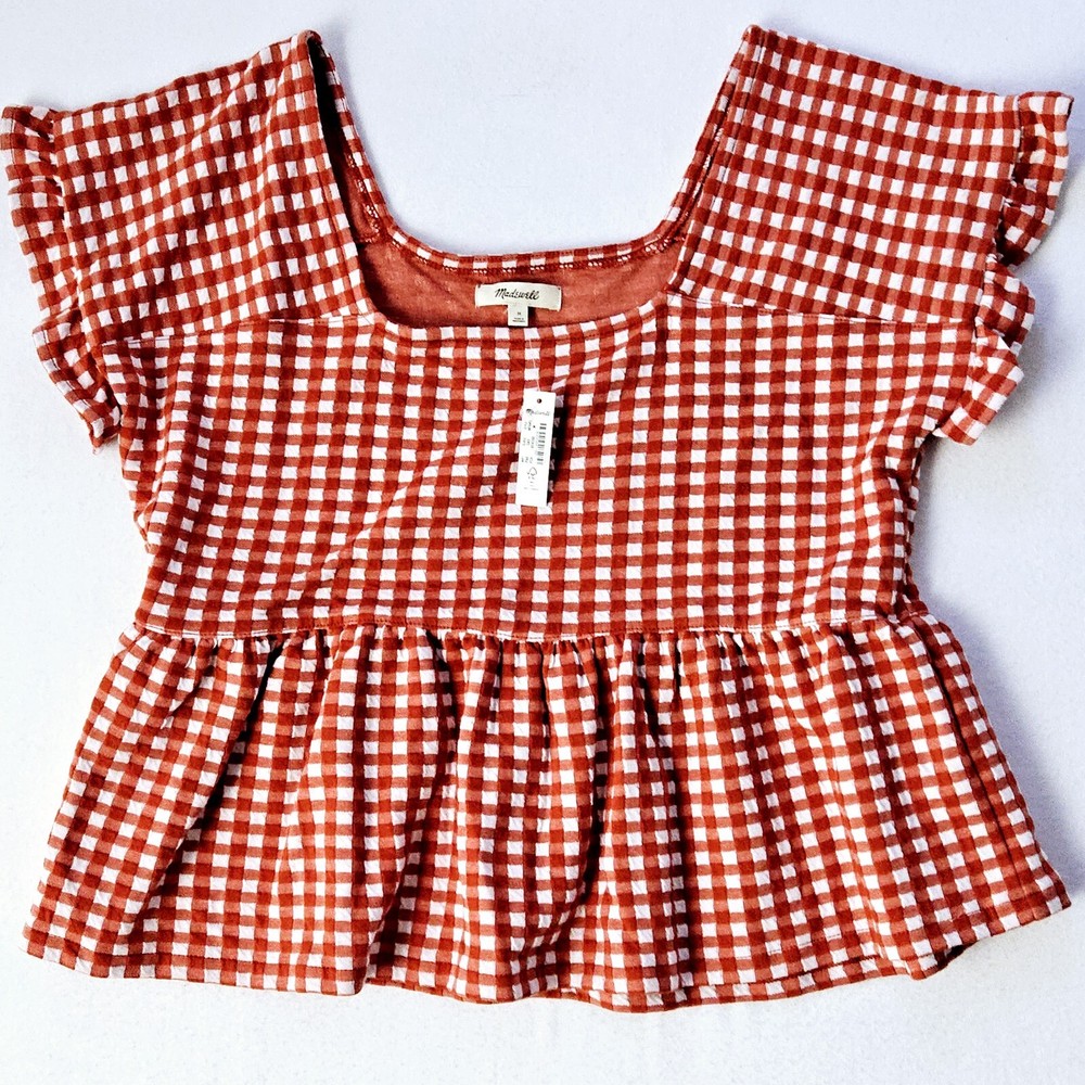 Madewell Red & White Checkered Gingham Peplum Top with Ruffle Sleeves Size M