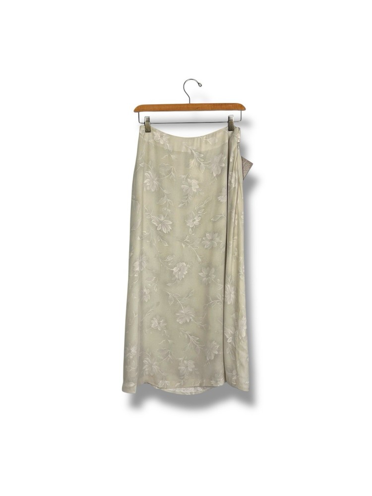 VTG Jones New York Floral Silk Chiffon Midi Skirt 90s Beige Cream Sz Small