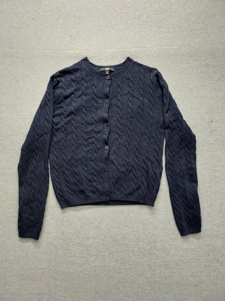Uniqlo Women Sweater M Navy Blue Knit Long Sleeve Stretch Button Up Cardigan