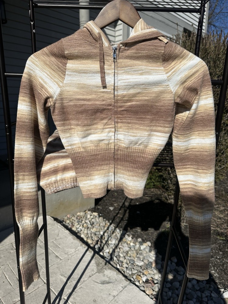 Frankies Bikinis Knit Striped Hooded Hoodie Shorts Set Brown Beige Size S