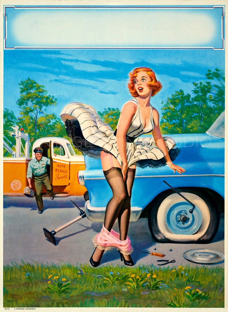 American Pin Up Girl with Flat Tire Vintage Giclee Canvas Print 18x24
