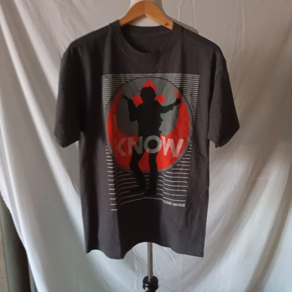 Han Solo I Know Disney Parks Star Wars Rebellion Logo Gray T-Shirt Men's LARGE