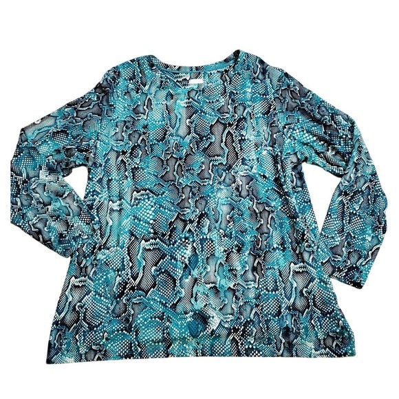 Chicos Size 3 XL Blue Black White Snake Print Long Sleeve Top Shirt Women