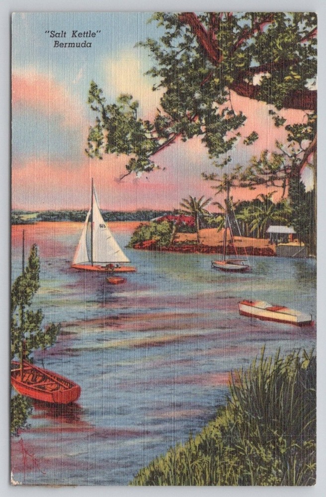 Vintage Linen Postcard Salt Kettle Bermuda Sailboats Sunset Tropical Scene