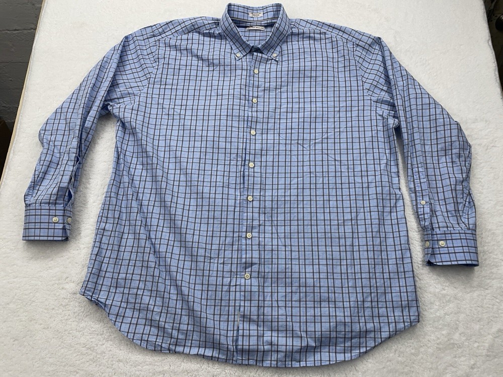 Peter Millar Mens XXL Blue Brown Plaid Cotton Button Down Shirt Long Sleeve