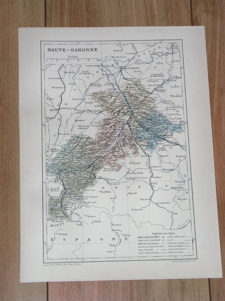 1887 Antique Original Map Of Department Of Haute-Garonne Toulouse / France