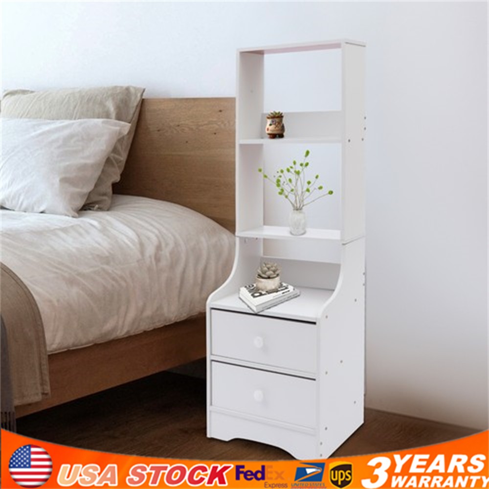 Modern White Nightstand Tall Bed End Table Bedroom Bedside Table with 2 Drawers