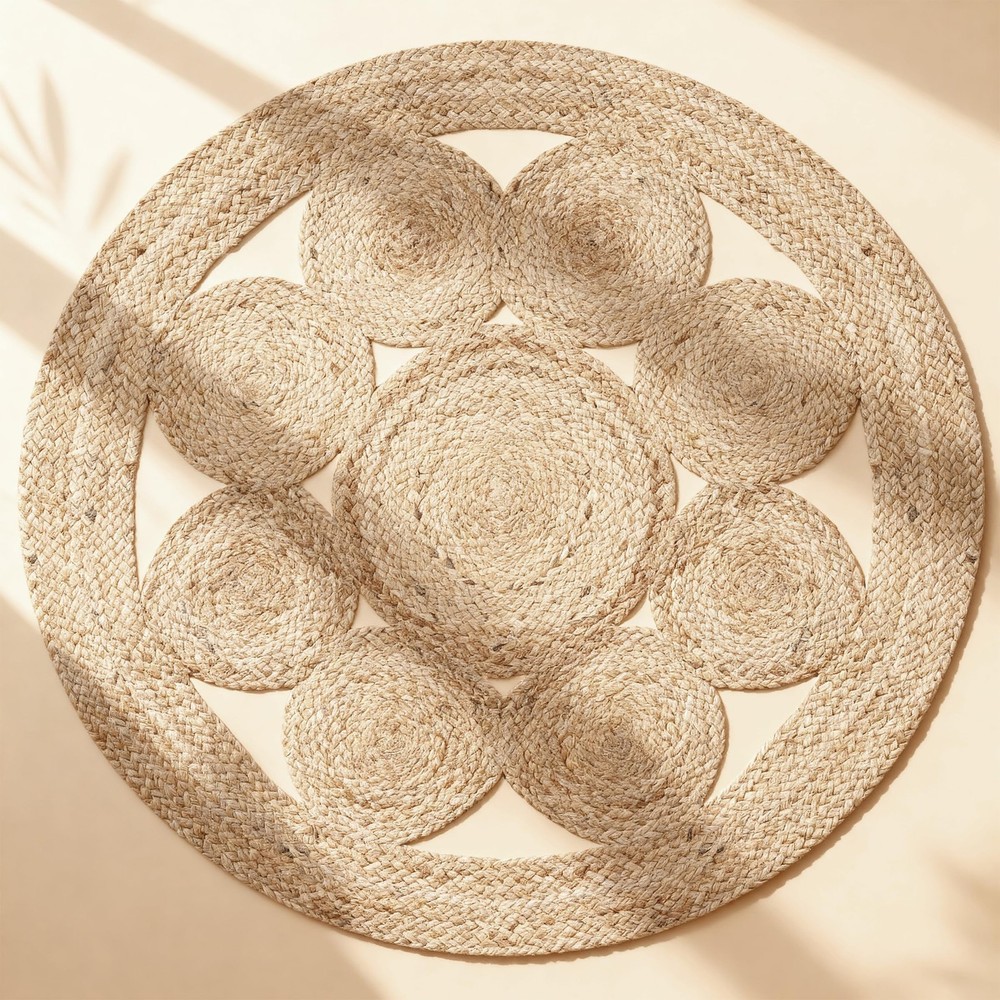 Round Jute Area Rug 3 ft, Braided Natural Fiber Rug, Reversible Handwoven Boh...
