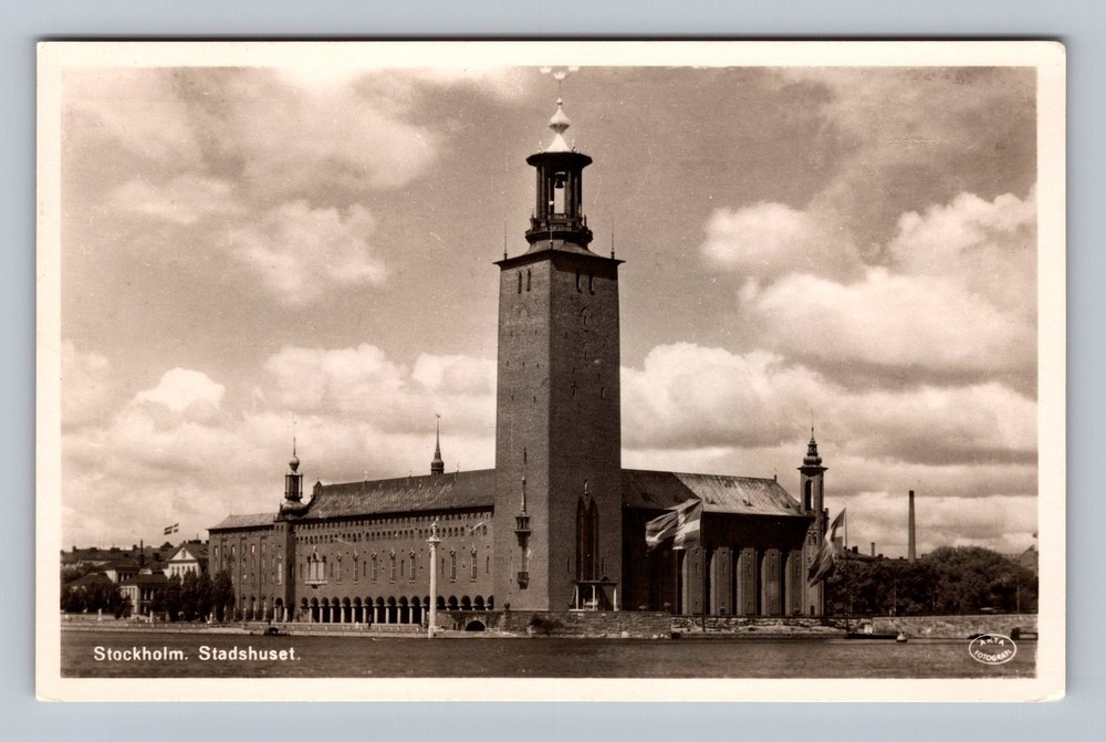 Sweden- Stockholm Waterfront City Hall Building Old Postal Card Vintage Postcard