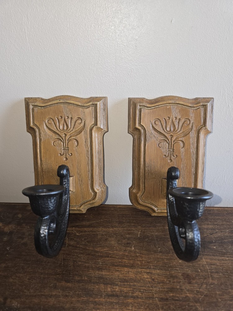 Set Of 2 VTG Homco Black Brown Faux Wood Wall Hanging Tappered Candle Holders