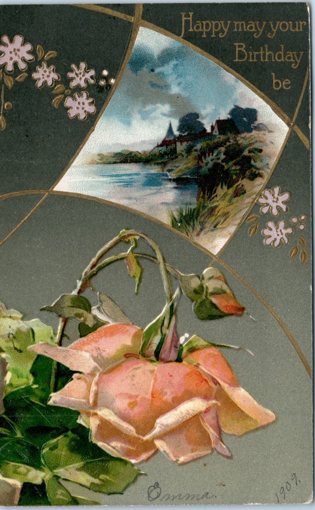 Vintage - Lovely Country Scene with Flowers Embossed Birthday - Postcard - P12