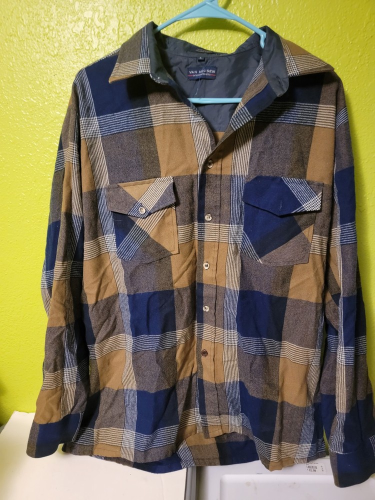 Van Heusen Button Up Shirt Long Sleeve Flannel Plaid Mens Large Yellow Blue