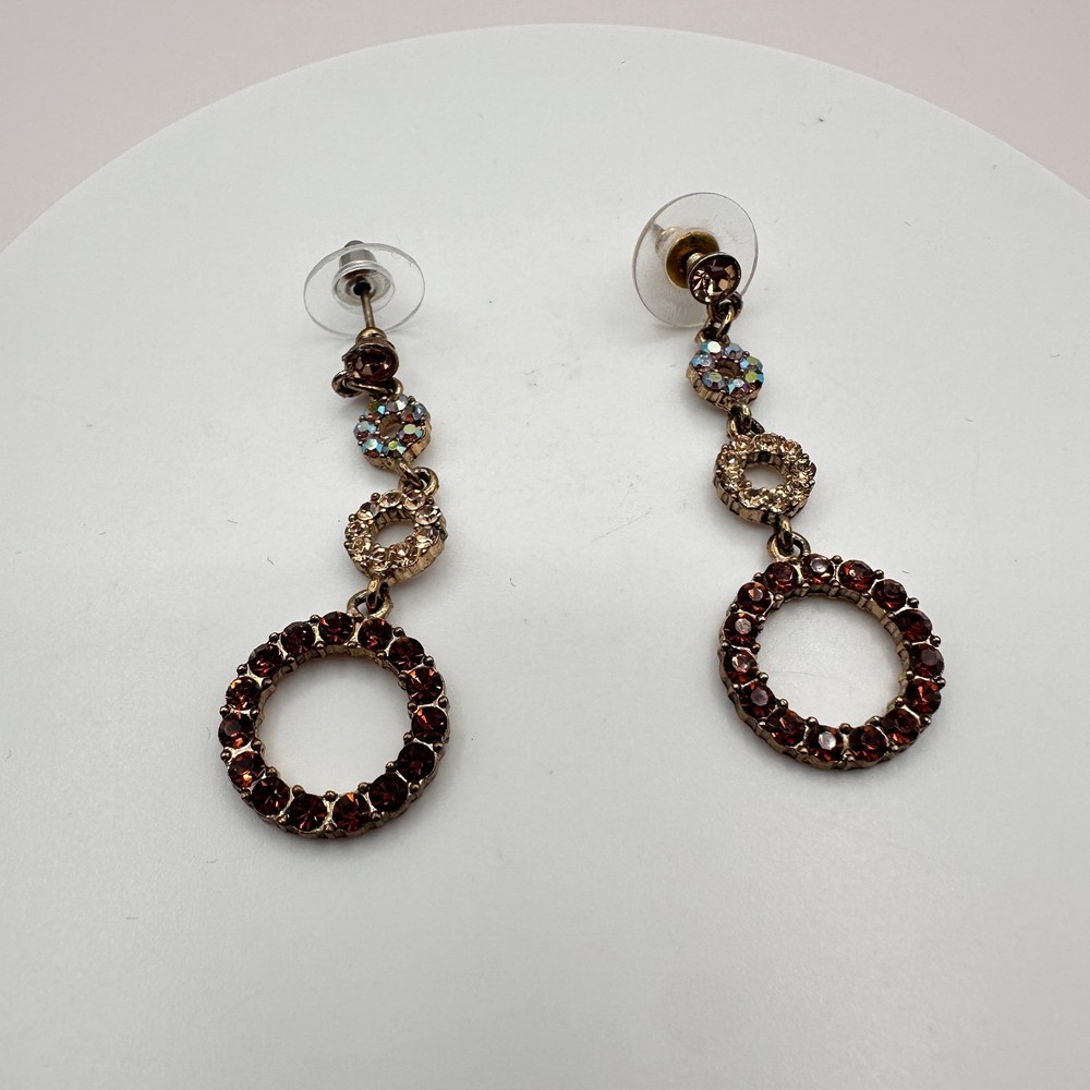 Vintage 90s Gold Tone Triple Circle Dangle Drop Earrings Glass Stones Jewelry