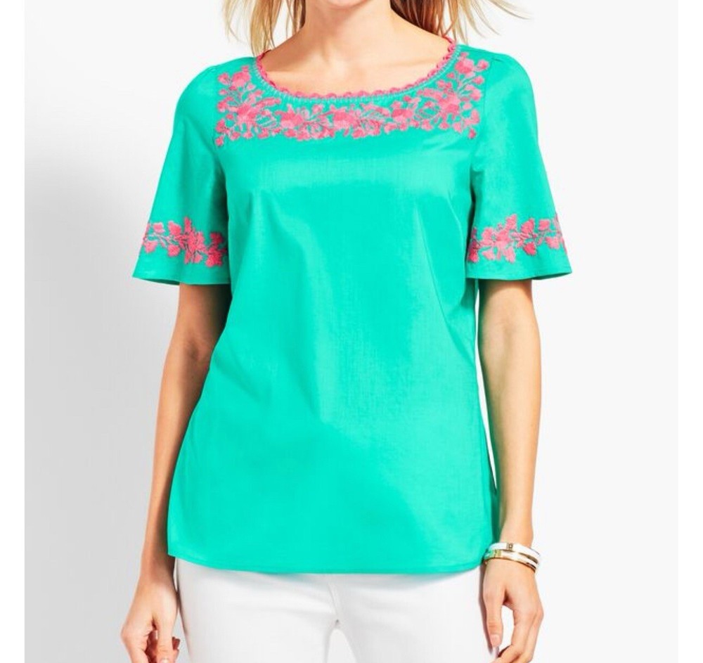 Talbots Women's Embroidered Flutter Sleeve Top Size XS Pink Teal Green