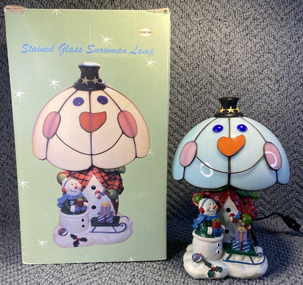 Tiffany Style Stained Glass Christmas Snowman Accent Lamp Holiday Nostalgia WORK-image
