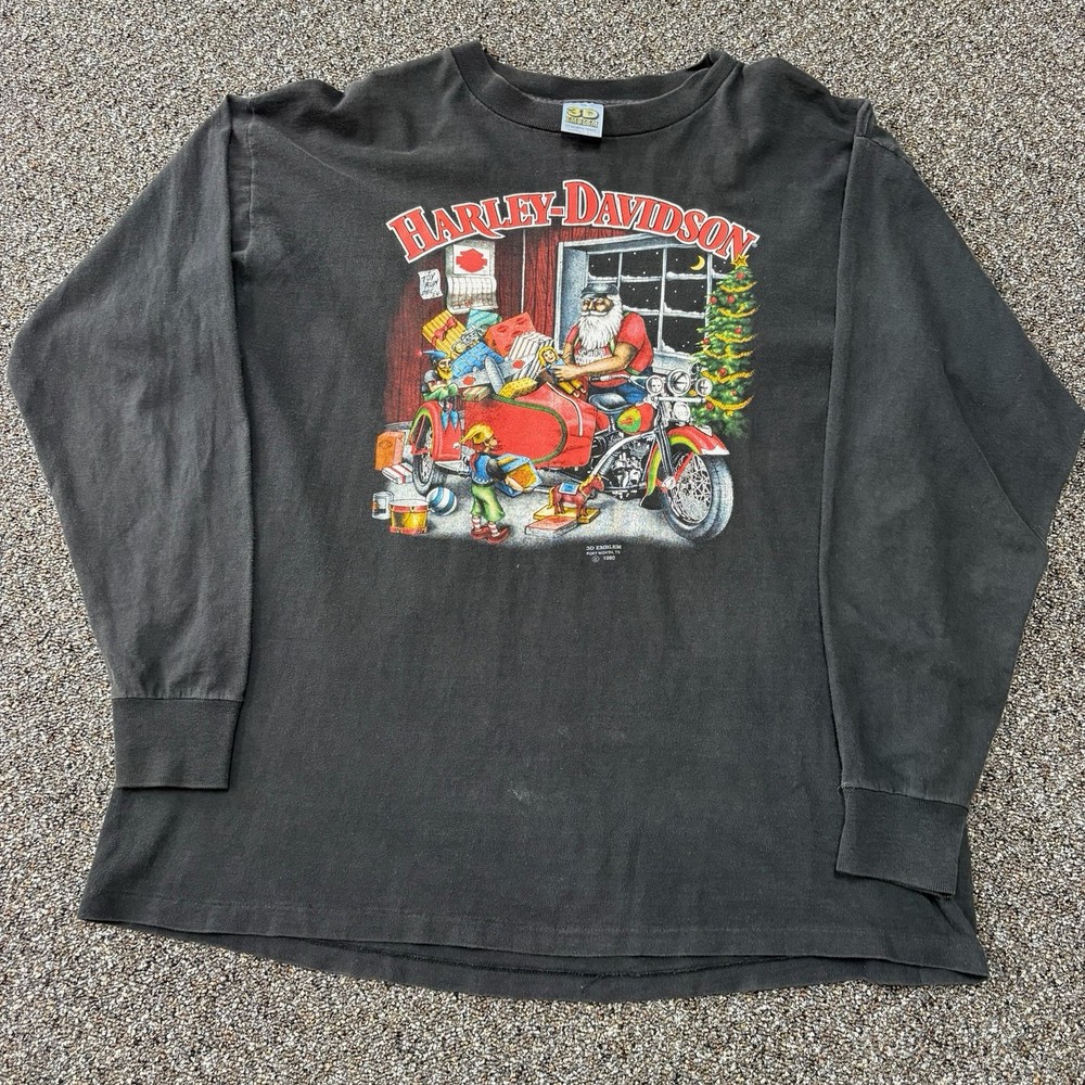 Harley Davidson 1990s 3d Emblem Vintage Tee Shirt Black L/S Santa Biker Rare Xl