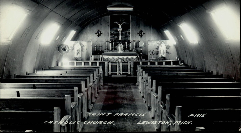 RPPC Lewiston Michigan St Francis Catholic Church interior real photo postcard