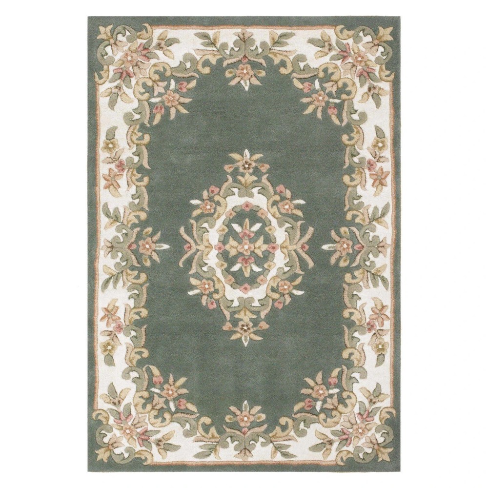 Hand‑Tufted Wool Area Rug – Traditional Green Aubusson Floral Carpet for Living