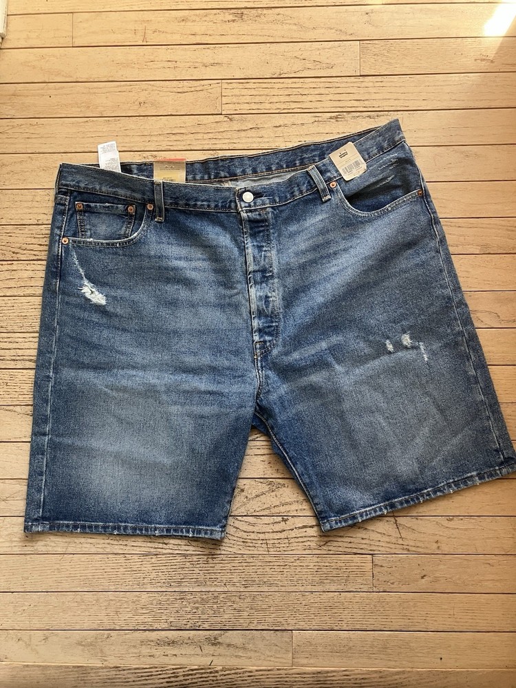 NWT Men’s LEVI'S 501 Distressed Blue Stretch Hemmed Jean Shorts Size 44”x9”