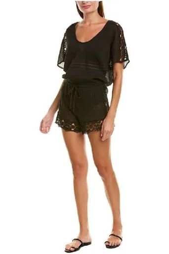 La Blanca Gauze Crochet Lace Trim Coverup Romper Swim XL Black Resort Vacation