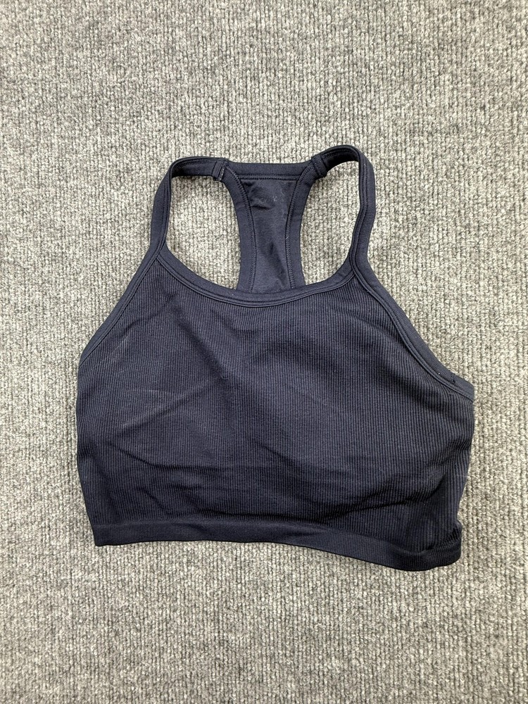Sports Bra Womens Medium Navy Blue Ribbed Racerback Seamless Stretch Wireless