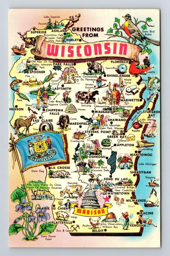 WI-Wisconsin, Scenic Map Greetings, Landmarks, Vintage Postcard