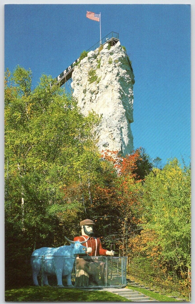 Michigan St Ignace Castle Rock Paul Bunyan Babe Blue Ox Unposted Postcard
