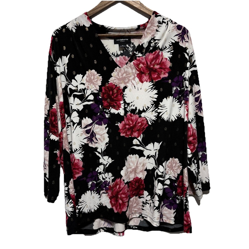 Liz Claiborne Woman Top 1X Black Floral V Neck 3/4 Sleeve Stretch Knit Tunic