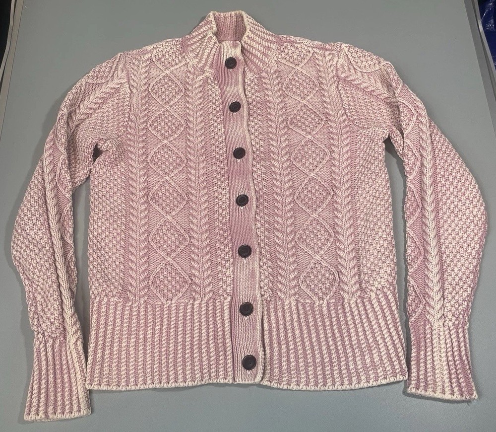 LL Bean Signature Pink Marled Cable Knit Cotton Fisherman Cardigan Sweater Sz M
