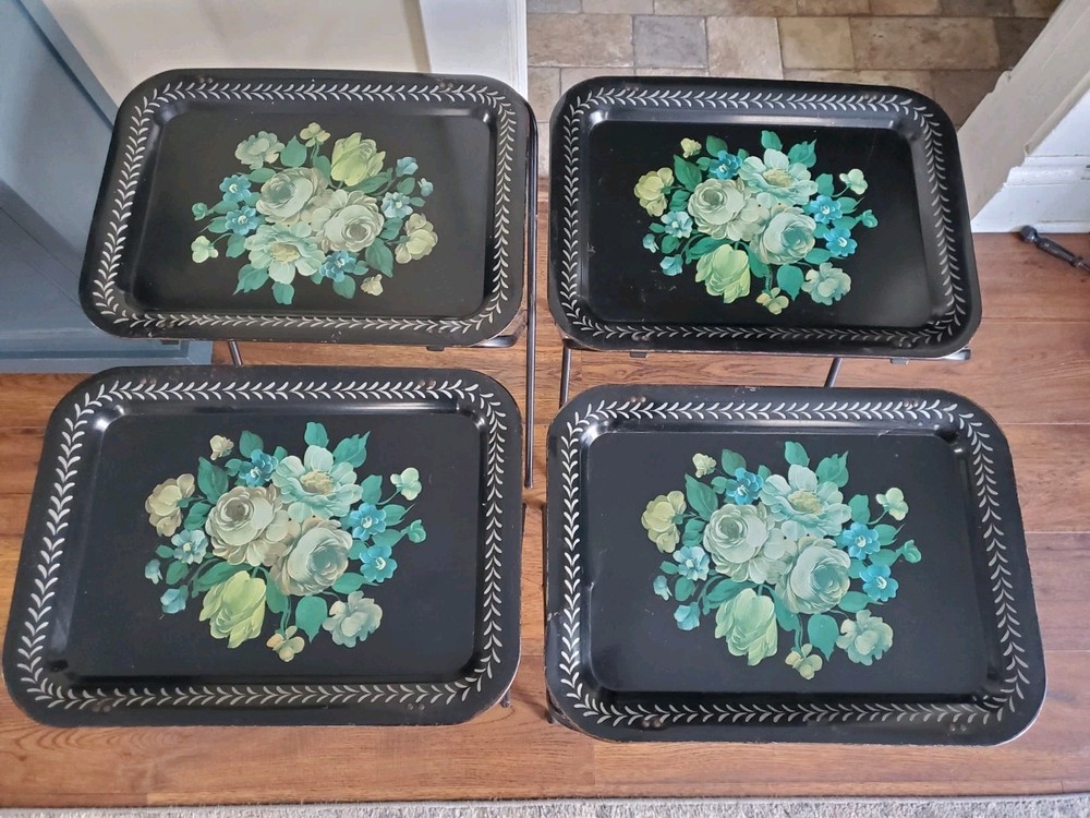 Set of 4 MCM Unbranded Vintage TV Trays Flower Floral Wildflowers