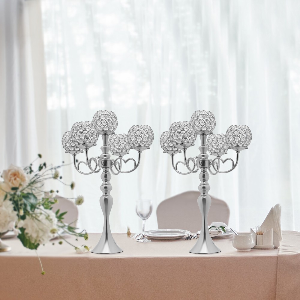 21.5 Inch Tall Silver 2 Pack 5 Arm Crystal Party Candelabra Centerpieces
