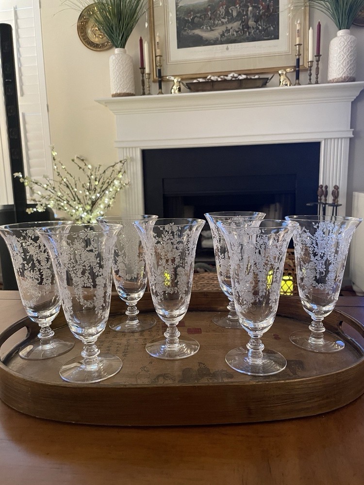 Antique Tiffin Franciscan Cherokee Rose Etched Crystal Iced Tea Stemware Set 7