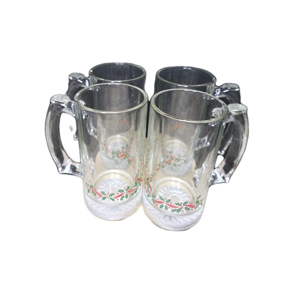 Vintage Libbey Holly Ribbon Christmas Holiday Heavyweight Tall Mugs Set Of 4