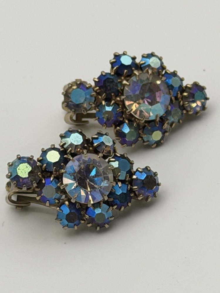 Vintage Blue Aurora Borealis Rhinestone Floral Cluster Clip-On Earrings