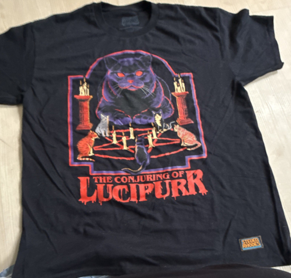 Steven Rhodes Men's Black The Conjuring of Lucipurr Graphic Print T-Shirt L