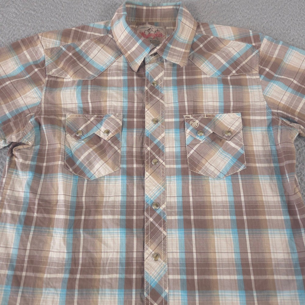 VINTAGE Wrangler Shirt Womens Medium Brown Blue Pearl Snap Plaid Pearl Snap 90s