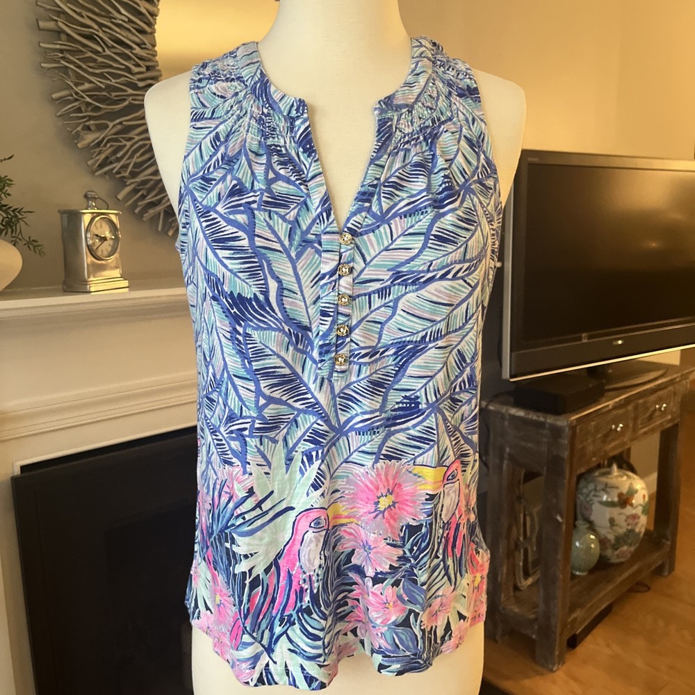 Lilly Pulitzer Women's Pink Sleeveless Top Size S, V-Neck, Cotton Blue And Pink